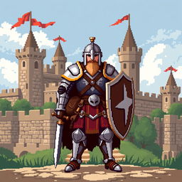 Pixel art of a medieval soldier, wearing traditional armor including a helmet and breastplate, holding a shield and a sword