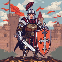 Pixel art of a medieval soldier, wearing traditional armor including a helmet and breastplate, holding a shield and a sword