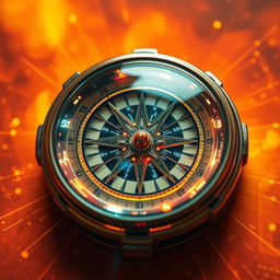 A futuristic compass with intricate details set against a vibrant background filled with warm colors like deep oranges, soft yellows, and rich reds