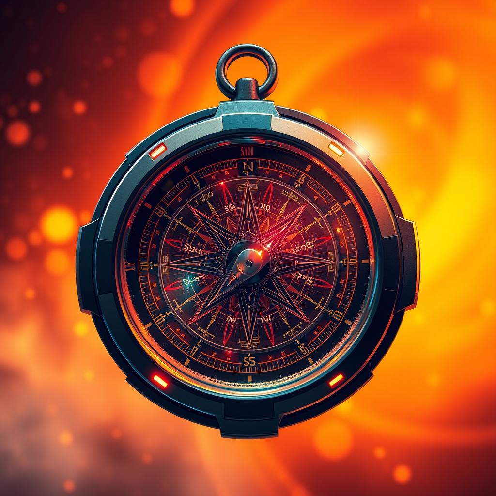 A futuristic compass with intricate details set against a vibrant background filled with warm colors like deep oranges, soft yellows, and rich reds