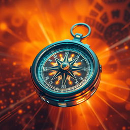 A futuristic compass with intricate details set against a vibrant background filled with warm colors like deep oranges, soft yellows, and rich reds