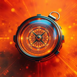 A futuristic compass with intricate details set against a vibrant background filled with warm colors like deep oranges, soft yellows, and rich reds