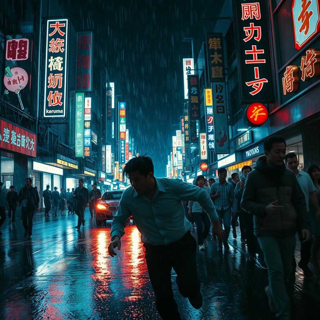 A dramatic scene showing a man being chased through a crowded street in Tokyo at night