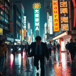 A dramatic scene showing a man being chased through a crowded street in Tokyo at night