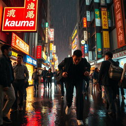 A dramatic scene showing a man being chased through a crowded street in Tokyo at night