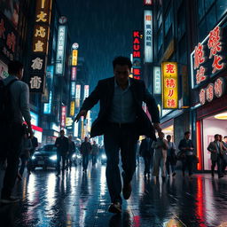 A dramatic scene showing a man being chased through a crowded street in Tokyo at night