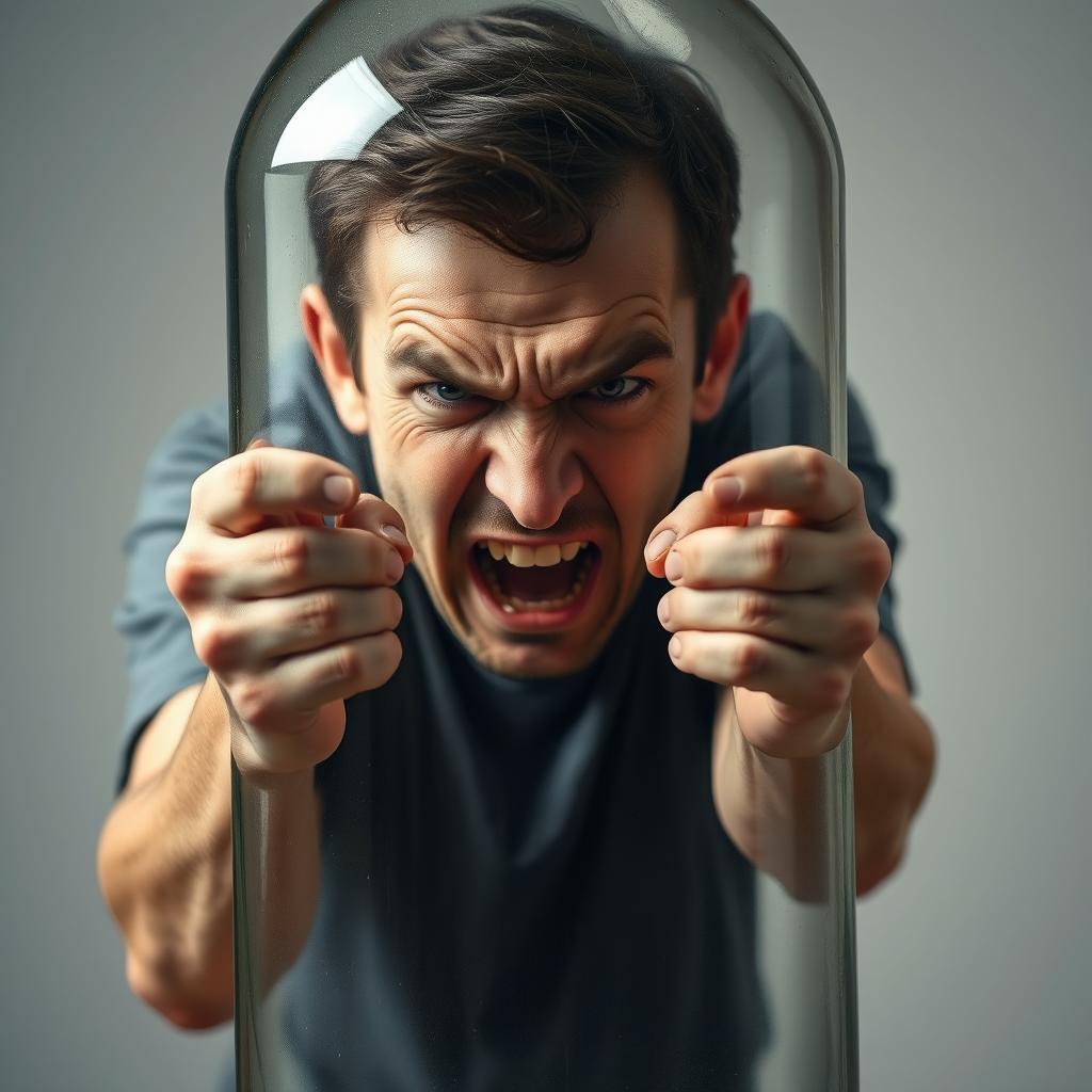 A young father with an angry expression is trapped inside a large transparent glass bottle