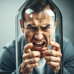 A young father with an angry expression is trapped inside a large transparent glass bottle