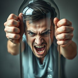 A young father with an angry expression is trapped inside a large transparent glass bottle