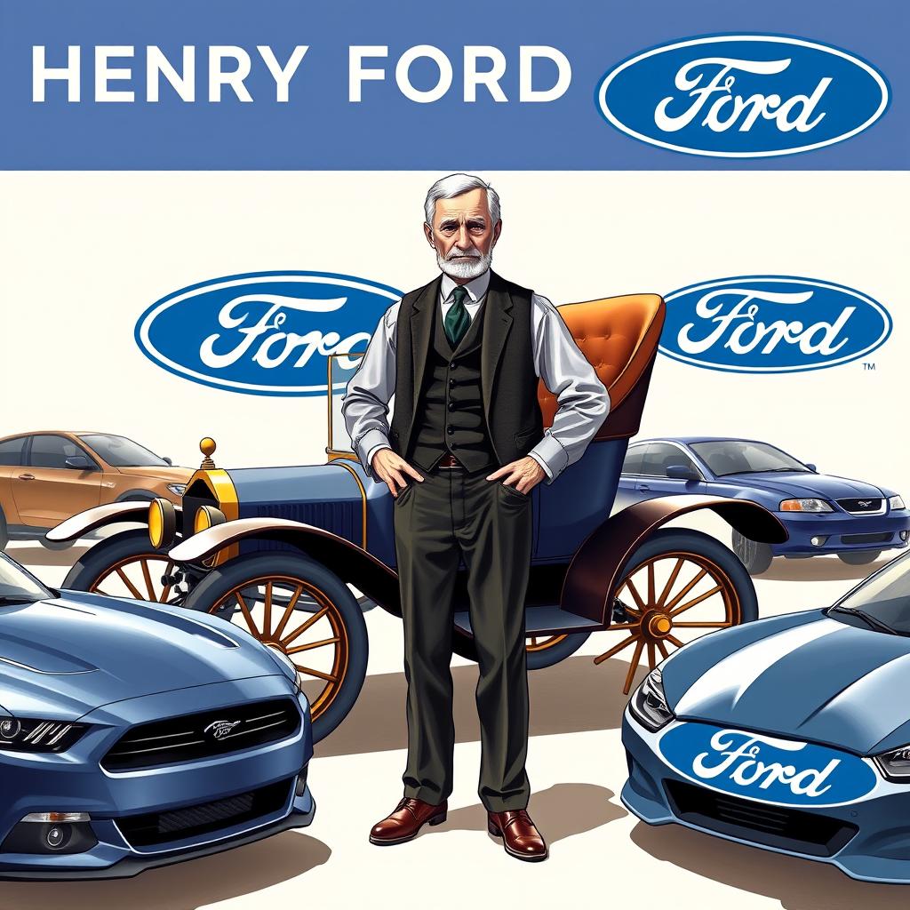 A comprehensive illustration depicting Henry Ford standing proudly beside a classic Ford Model T, symbolizing the legacy of Ford Motor Company