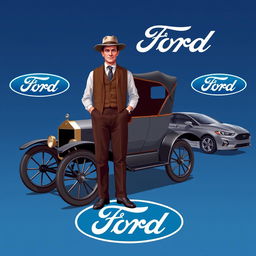 A comprehensive illustration depicting Henry Ford standing proudly beside a classic Ford Model T, symbolizing the legacy of Ford Motor Company