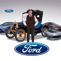 A comprehensive illustration depicting Henry Ford standing proudly beside a classic Ford Model T, symbolizing the legacy of Ford Motor Company