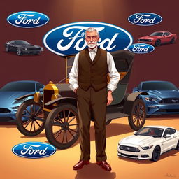 A comprehensive illustration depicting Henry Ford standing proudly beside a classic Ford Model T, symbolizing the legacy of Ford Motor Company