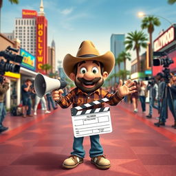 a fun and whimsical depiction of Bubba, a charming and slightly clumsy character from the countryside, making his debut in Hollywood