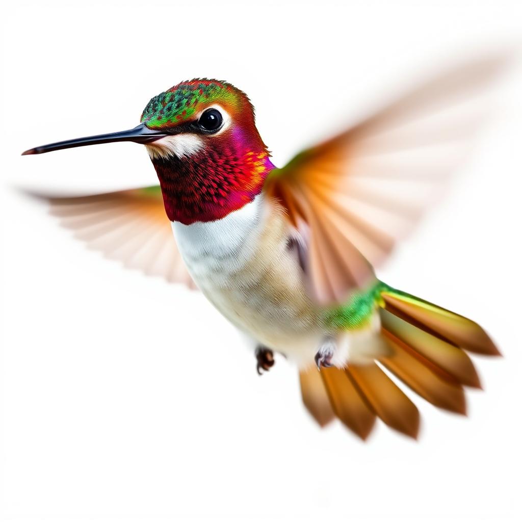 A colorful and clear image of a Chestnut-breasted Coronet hummingbird in flight, isolated on a pure white background