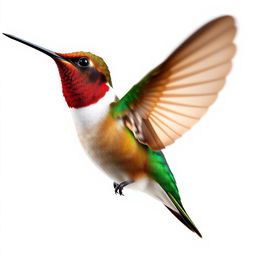 A colorful and clear image of a Chestnut-breasted Coronet hummingbird in flight, isolated on a pure white background