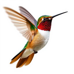 A colorful and clear image of a Chestnut-breasted Coronet hummingbird in flight, isolated on a pure white background