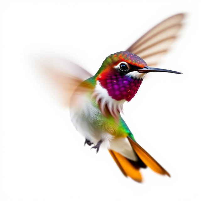 A colorful and clear image of a Chestnut-breasted Coronet hummingbird in flight, isolated on a pure white background