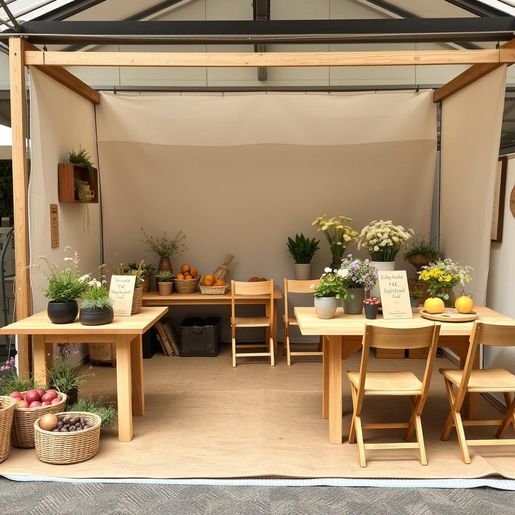 An artisanal fair stand setup with an open-concept design, without any separations exceeding 130 cm