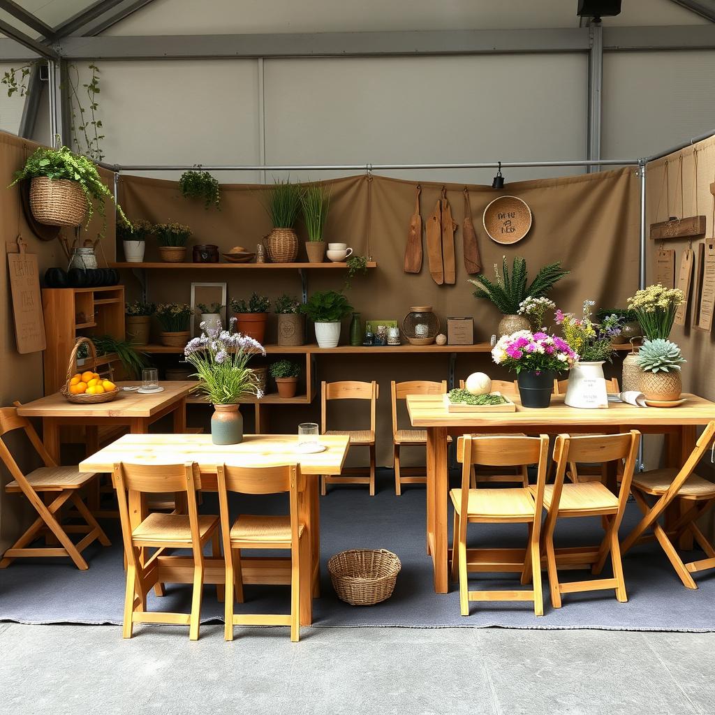 An artisanal fair stand setup with an open-concept design, without any separations exceeding 130 cm