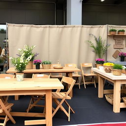 An artisanal fair stand setup with an open-concept design, without any separations exceeding 130 cm