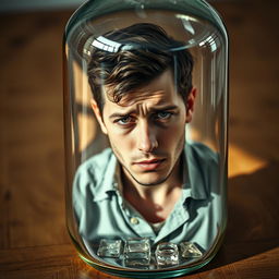 A young father with a distressed expression, trapped inside a glass bottle