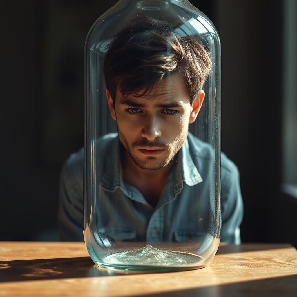 A young father with a distressed expression, trapped inside a glass bottle