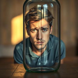 A young father with a distressed expression, trapped inside a glass bottle