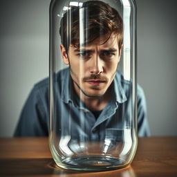 A young father with a distressed expression, trapped inside a glass bottle