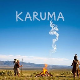 A serene landscape depicting Native Americans sending smoke signals that spell out 'KARUMA' against a clear blue sky