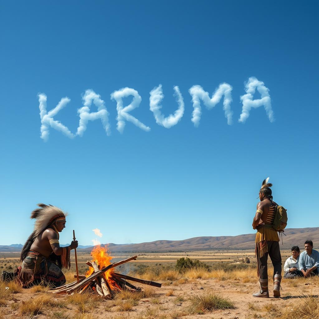 A serene landscape depicting Native Americans sending smoke signals that spell out 'KARUMA' against a clear blue sky