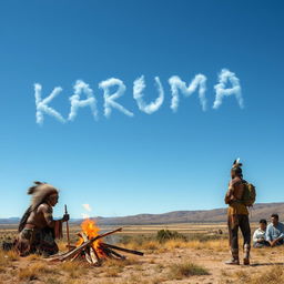 A serene landscape depicting Native Americans sending smoke signals that spell out 'KARUMA' against a clear blue sky