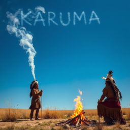 A serene landscape depicting Native Americans sending smoke signals that spell out 'KARUMA' against a clear blue sky