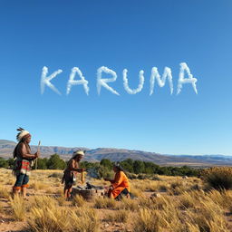 A serene landscape depicting Native Americans sending smoke signals that spell out 'KARUMA' against a clear blue sky