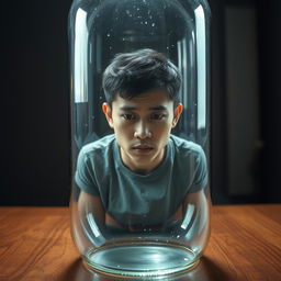 A young Asian father, appearing stressed and overwhelmed, trapped inside a large, transparent glass bottle