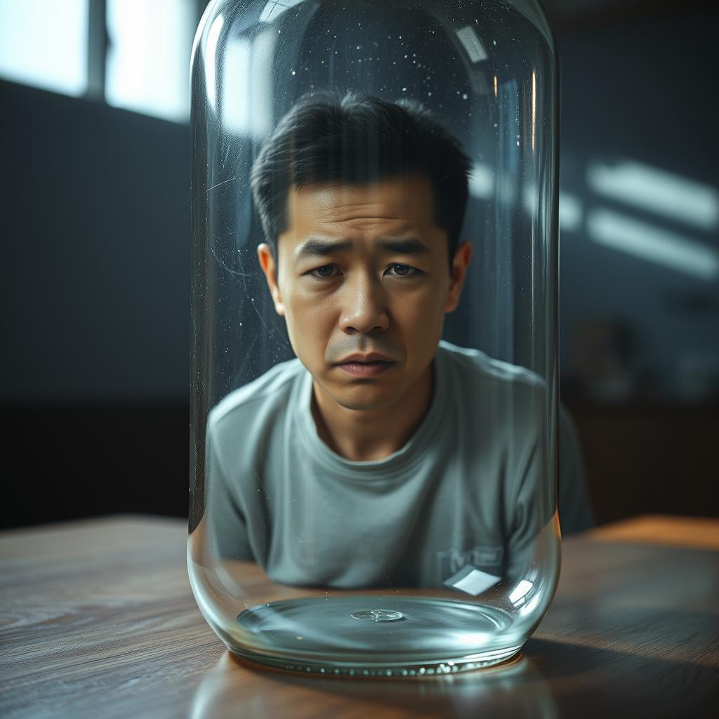 A young Asian father, appearing stressed and overwhelmed, trapped inside a large, transparent glass bottle