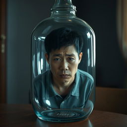 A young Asian father, appearing stressed and overwhelmed, trapped inside a large, transparent glass bottle