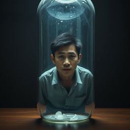 A young Asian father, appearing stressed and overwhelmed, trapped inside a large, transparent glass bottle