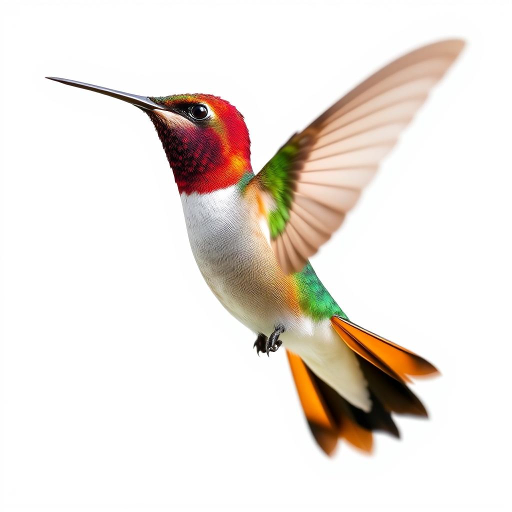 A vibrant Chestnut-breasted Coronet hummingbird gracefully captured in mid-flight, set against a pure white background