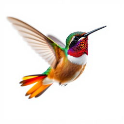 A vibrant Chestnut-breasted Coronet hummingbird gracefully captured in mid-flight, set against a pure white background