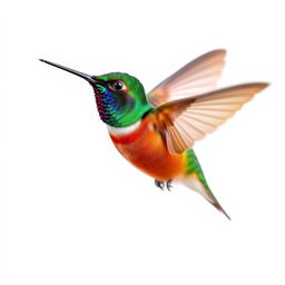 A vibrant Chestnut-breasted Coronet hummingbird gracefully captured in mid-flight, set against a pure white background