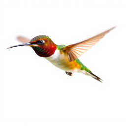 A vibrant Chestnut-breasted Coronet hummingbird captured in mid-flight, vividly detailed against a stark white background