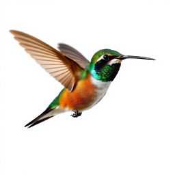 A vibrant Chestnut-breasted Coronet hummingbird captured in mid-flight, vividly detailed against a stark white background