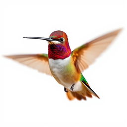 A vibrant Chestnut-breasted Coronet hummingbird captured in mid-flight, vividly detailed against a stark white background