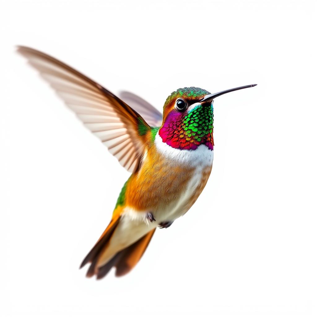 A vibrant Chestnut-breasted Coronet hummingbird captured in mid-flight, vividly detailed against a stark white background