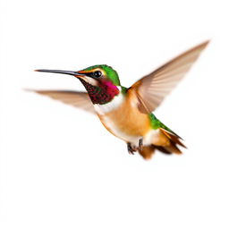 A Chestnut-breasted Coronet hummingbird captured in flight against a white background