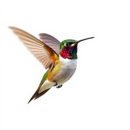 A Chestnut-breasted Coronet hummingbird captured in flight against a white background