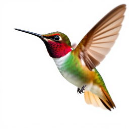 A Chestnut-breasted Coronet hummingbird captured in flight against a white background