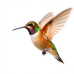 A Chestnut-breasted Coronet hummingbird captured in flight against a white background