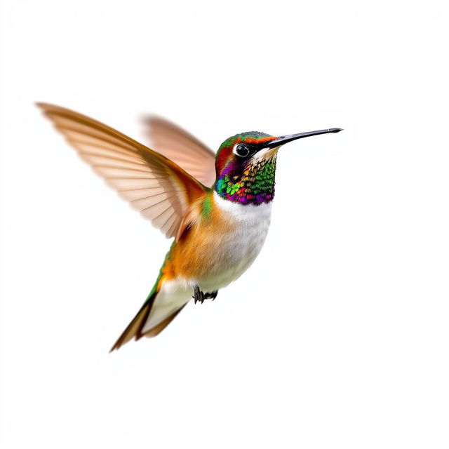 A Chestnut-breasted Coronet hummingbird dynamically captured in mid-flight against a pristine white background